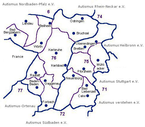Karte des Regionalbereichs von Autismus Karlsruhe e.V. und benachbarter Regionalverbände